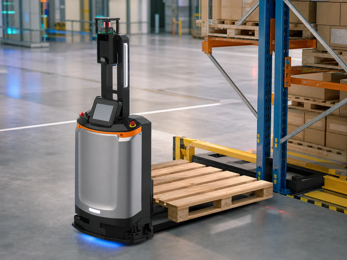 FMR çəngəlli yükləyici tipli mobil robot iş sahəsində