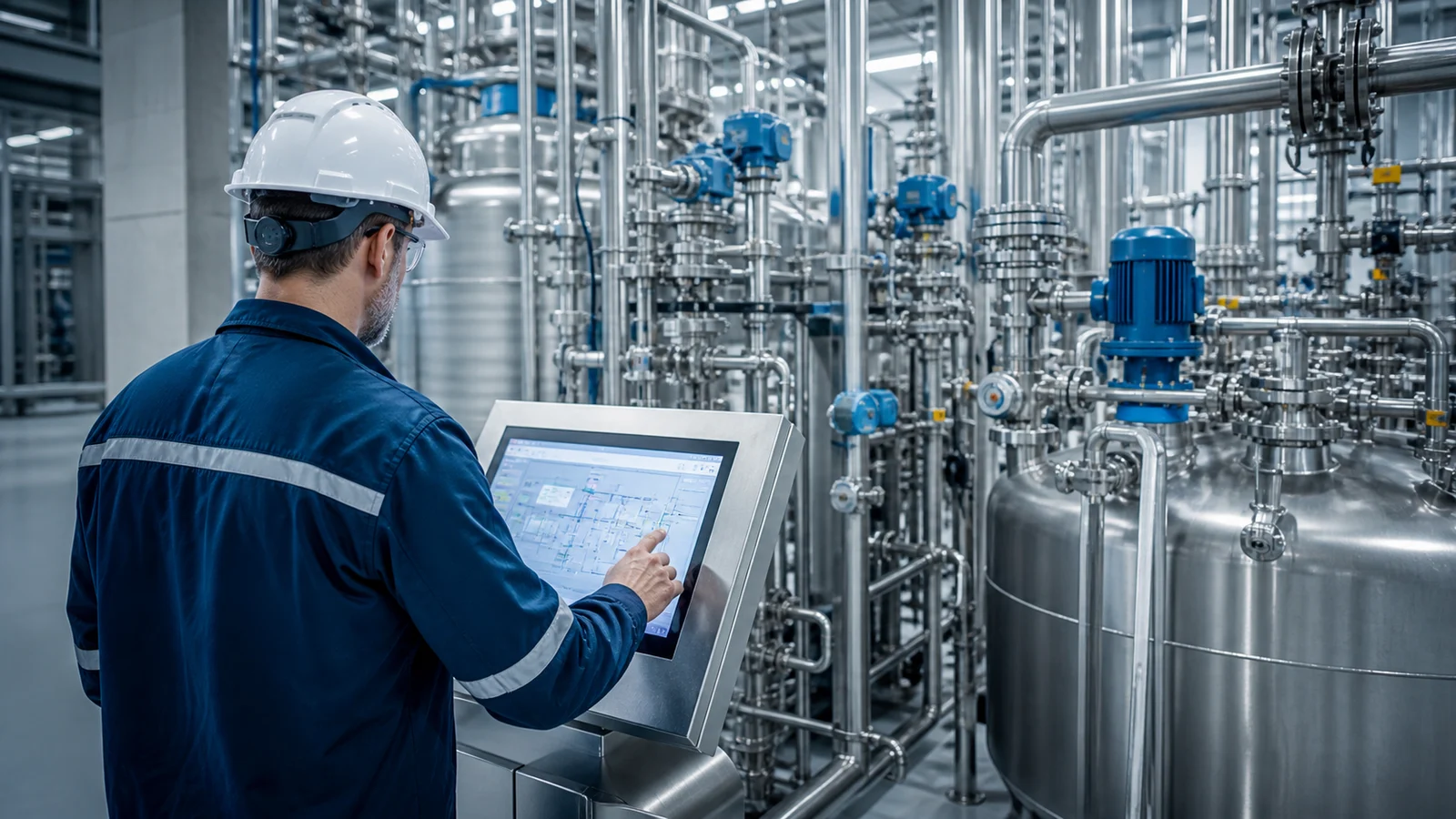 Proses müəssisəsində idarəetmə ekranı qarşısında operator