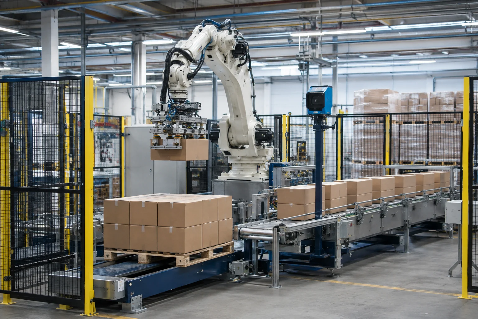 Konveyerdən gələn qutuları paletləyən, təhlükəsizlik çəpəri ilə əhatə olunmuş xətt sonu robotlaşdırılmış avtomatlaşdırma hüceyrəsi