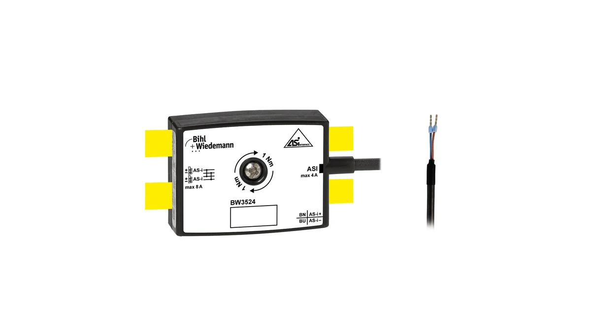 Bihl+Wiedemann BW3524 iki ASi profil kabelini dairəvi kabelə birləşdirən IP67 passiv paylayıcının rəsmi məhsul görüntüsü