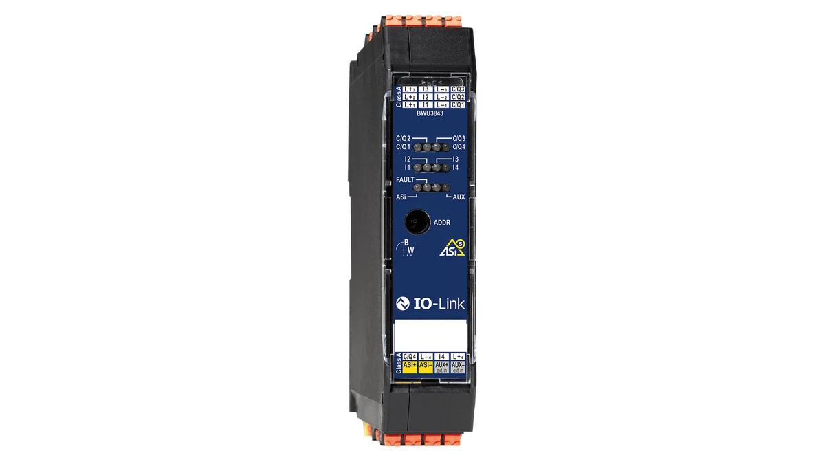 Bihl+Wiedemann BWU3843 dördportlu ASi-5 IO-Link master IP20 modulunun rəsmi məhsul görüntüsü