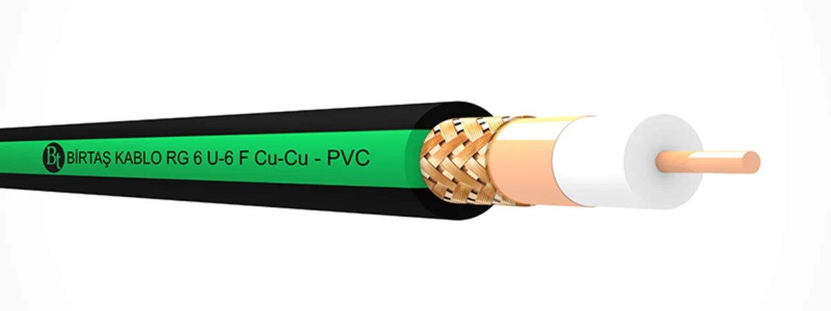 Birtaş Kablo RG6/U-6 F Cu/Cu PVC koaksial kabelinin qatlarını göstərən rəsmi təsvir