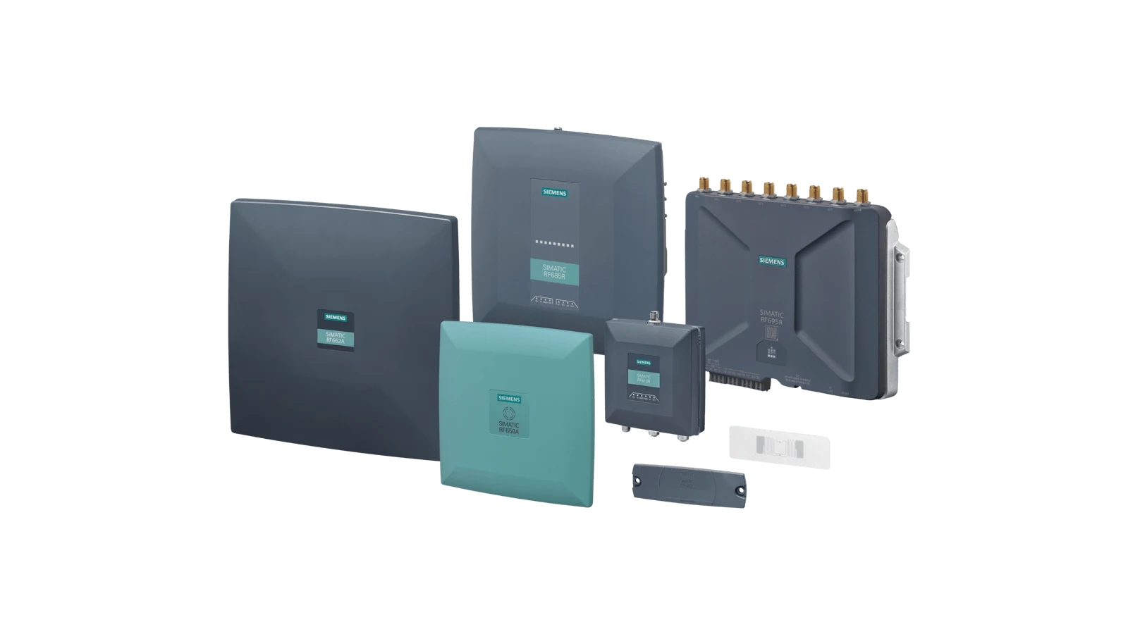 Siemens SIMATIC RF600 UHF oxuyucu, antena və transponder məhsul ailəsinin rəsmi görüntüsü